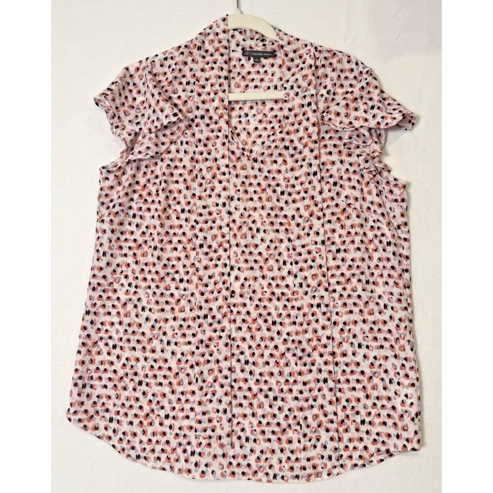 Adrianna Papell Pink Print Top Sz M Tie Accent Ruffled Sleeve Flowy Lightweight